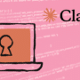 Illustration stylisée de Claude Code Security montrant un ordinateur portable avec un trou de serrure sur l'écran, sur fond de lignes de code informatique rose avec le logo Claude d'Anthropic.