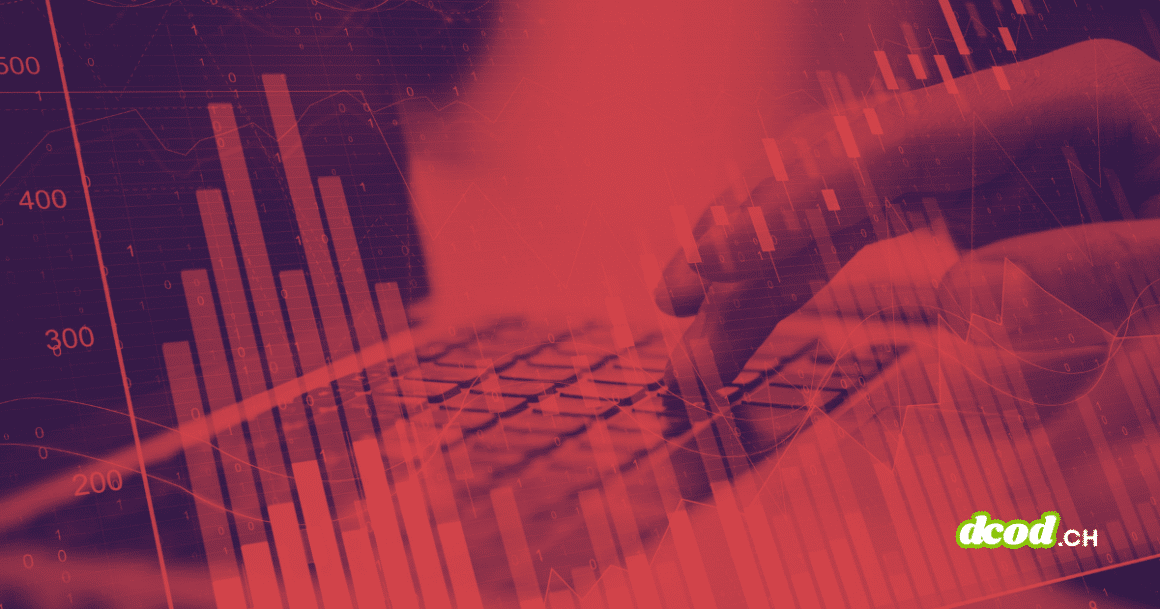 Illustration conceptuelle montrant une main utilisant un ordinateur portable, avec une superposition de graphiques financiers rouges et de données numériques. Logo dcod.ch en bas à droite.