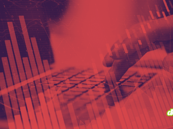 Illustration conceptuelle montrant une main utilisant un ordinateur portable, avec une superposition de graphiques financiers rouges et de données numériques. Logo dcod.ch en bas à droite.