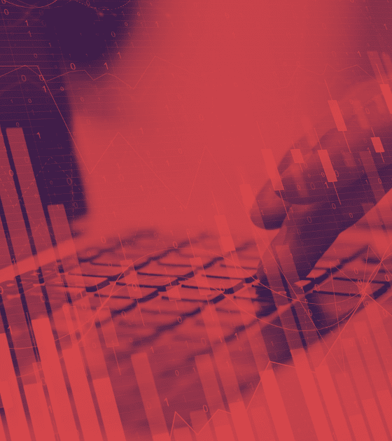 Illustration conceptuelle montrant une main utilisant un ordinateur portable, avec une superposition de graphiques financiers rouges et de données numériques. Logo dcod.ch en bas à droite.