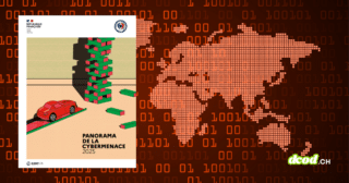 Couverture du rapport ANSSI Panorama de la cybermenace 2025 par DCOD.ch. Visuel symbolisant les risques de sabotage et d'instabilité numérique avec une tour de blocs chutant sur fond de mappemonde en données binaires.