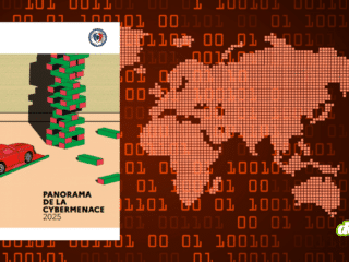 Couverture du rapport ANSSI Panorama de la cybermenace 2025 par DCOD.ch. Visuel symbolisant les risques de sabotage et d'instabilité numérique avec une tour de blocs chutant sur fond de mappemonde en données binaires.