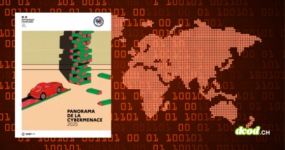 Couverture du rapport ANSSI Panorama de la cybermenace 2025 par DCOD.ch. Visuel symbolisant les risques de sabotage et d'instabilité numérique avec une tour de blocs chutant sur fond de mappemonde en données binaires.