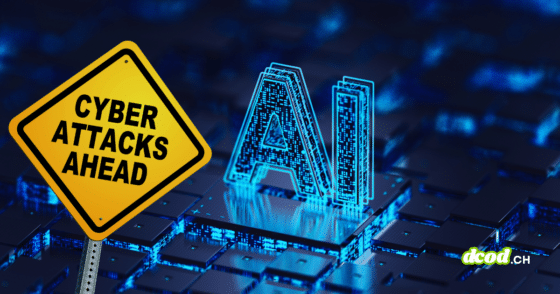 Illustration conceptuelle montrant un panneau de signalisation 'Cyber Attacks Ahead' à côté d'un microprocesseur surmonté du sigle AI en hologramme bleu, symbolisant les cybermenaces liées à l'intelligence artificielle.