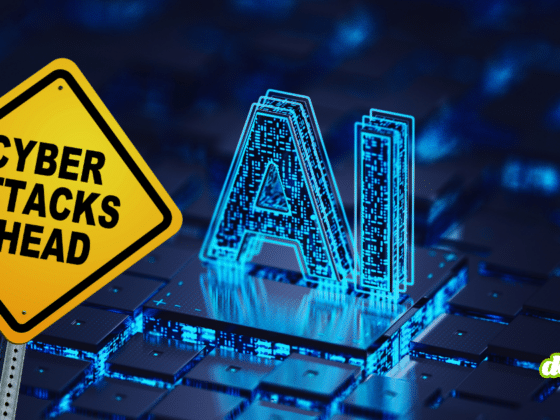 Illustration conceptuelle montrant un panneau de signalisation 'Cyber Attacks Ahead' à côté d'un microprocesseur surmonté du sigle AI en hologramme bleu, symbolisant les cybermenaces liées à l'intelligence artificielle.