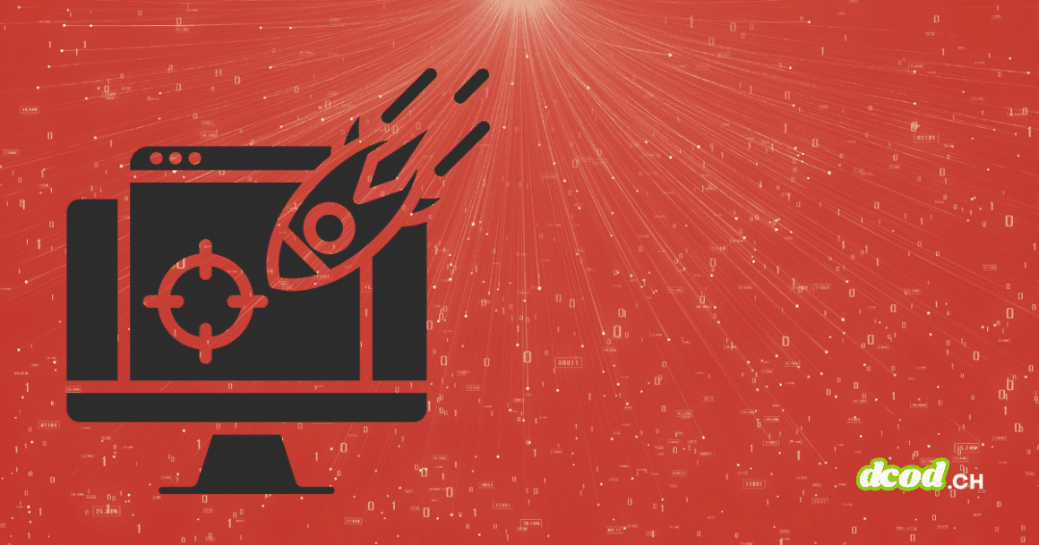 Représentation graphique d'une attaque DDoS par botnets IoT montrant un écran ciblé par un missile numérique sur un fond de code binaire rouge.