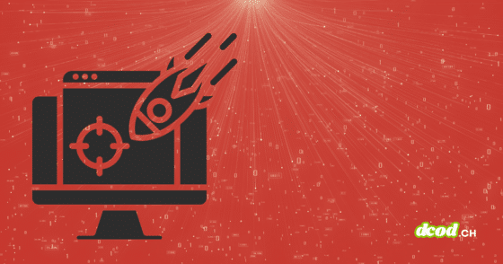 Représentation graphique d'une attaque DDoS par botnets IoT montrant un écran ciblé par un missile numérique sur un fond de code binaire rouge.