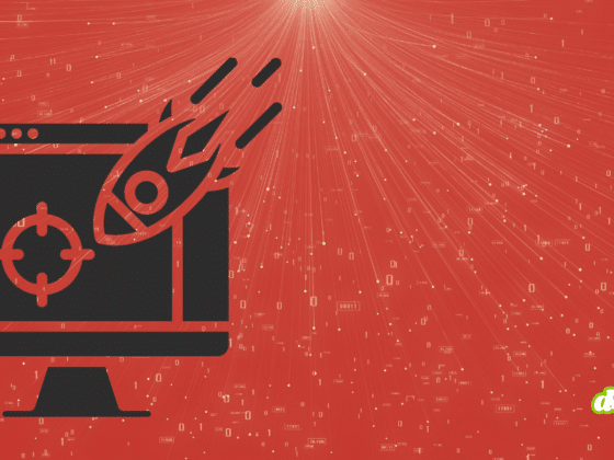 Représentation graphique d'une attaque DDoS par botnets IoT montrant un écran ciblé par un missile numérique sur un fond de code binaire rouge.