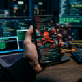 Un iPhone tenu en main affichant un crâne rouge et un code, symbolisant l'infection par le malware DarkSword et sa propagation à des millions d'appareils connectés.
