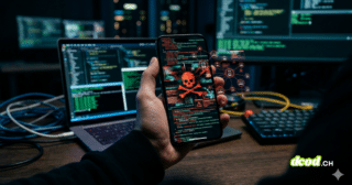 Un iPhone tenu en main affichant un crâne rouge et un code, symbolisant l'infection par le malware DarkSword et sa propagation à des millions d'appareils connectés.