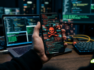 Un iPhone tenu en main affichant un crâne rouge et un code, symbolisant l'infection par le malware DarkSword et sa propagation à des millions d'appareils connectés.