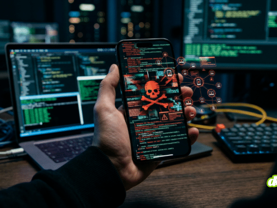 Un iPhone tenu en main affichant un crâne rouge et un code, symbolisant l'infection par le malware DarkSword et sa propagation à des millions d'appareils connectés.