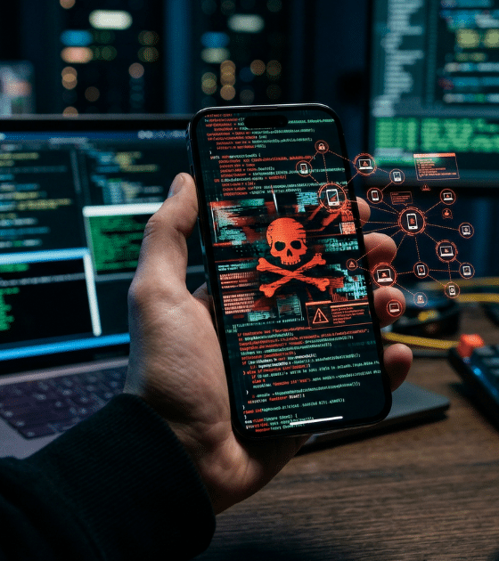 Un iPhone tenu en main affichant un crâne rouge et un code, symbolisant l'infection par le malware DarkSword et sa propagation à des millions d'appareils connectés.