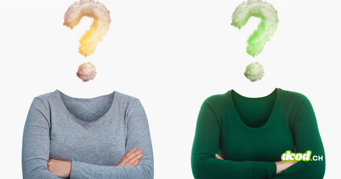 Illustration montrant deux silhouettes anonymes avec des points d'interrogation en nuages colorés à la place des têtes, symbolisant les enjeux de la désanonymisation par IA et l'identification des profils sur le Web pour le média DCOD.