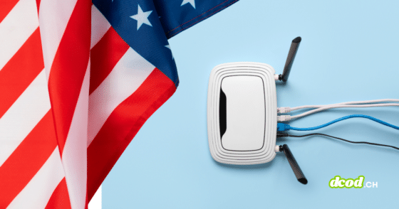 Illustration de la décision de la FCC : un routeur Wi-Fi blanc branché à côté du drapeau américain, symbolisant les routeurs étrangers bannis pour protéger la sécurité des réseaux US (logo DCOD).