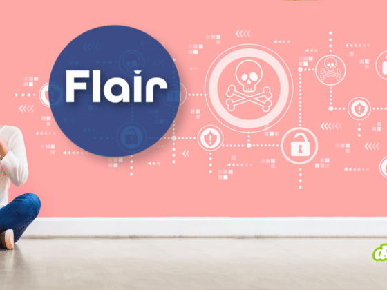 Illustration composite montrant une femme pensive tenant une tablette, assise sur un sol en bois clair devant un mur rose. Le mur est orné d'une carte heuristique de cybersécurité complexe et lumineuse de couleur blanche et bleu clair, avec un crâne central, des boucliers, des serrures et des données. Texte filigrané 'dcod.CH' en bas à droite.