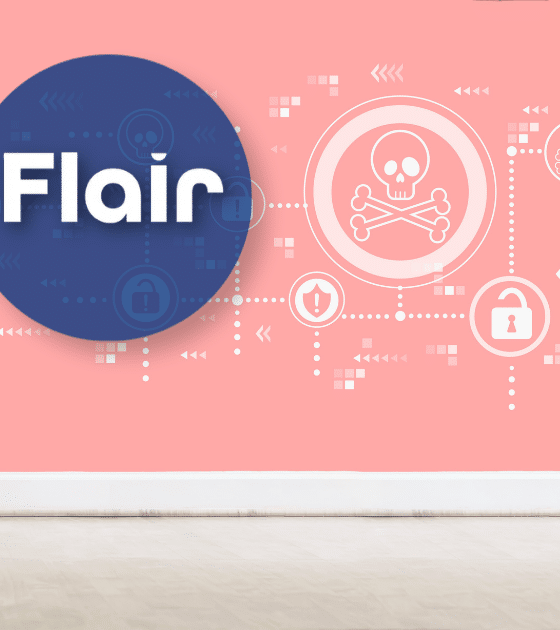 Illustration composite montrant une femme pensive tenant une tablette, assise sur un sol en bois clair devant un mur rose. Le mur est orné d'une carte heuristique de cybersécurité complexe et lumineuse de couleur blanche et bleu clair, avec un crâne central, des boucliers, des serrures et des données. Texte filigrané 'dcod.CH' en bas à droite.