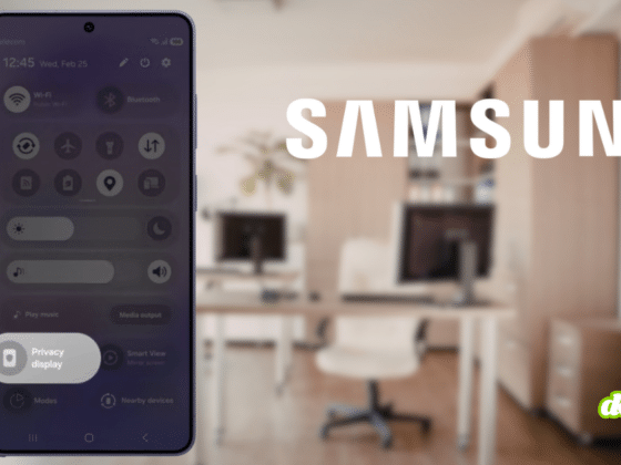 Smartphone Samsung Galaxy S26 affichant l'option « Privacy display » (écran anti-espionnage) dans ses réglages.