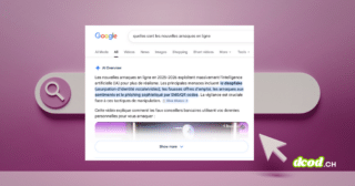 Interface de recherche Google affichant un bloc « AI Overview » détaillant les cyberarnaques de 2025-2026 (deepfakes, phishing) sur un fond graphique rose avec le logo DCOD.