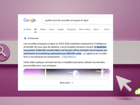 Interface de recherche Google affichant un bloc « AI Overview » détaillant les cyberarnaques de 2025-2026 (deepfakes, phishing) sur un fond graphique rose avec le logo DCOD.