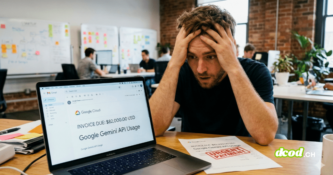 Photographie d'un homme désespéré, se tenant la tête, assis devant un ordinateur portable affichant une facture de 82 000 $ USD pour l'utilisation de l'API Google Gemini.