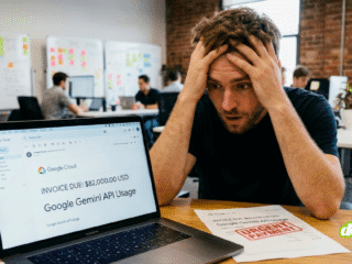 Photographie d'un homme désespéré, se tenant la tête, assis devant un ordinateur portable affichant une facture de 82 000 $ USD pour l'utilisation de l'API Google Gemini.