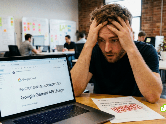 Photographie d'un homme désespéré, se tenant la tête, assis devant un ordinateur portable affichant une facture de 82 000 $ USD pour l'utilisation de l'API Google Gemini.