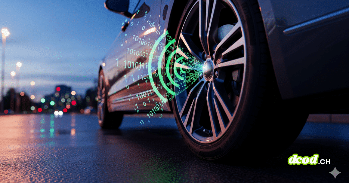 hotographie d'une roue de voiture moderne dont la valve de pneu émet des ondes radio et des données numériques lumineuses, symbolisant la transmission sans fil d'un capteur de pression des pneus TPMS en milieu urbain.