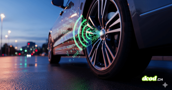 hotographie d'une roue de voiture moderne dont la valve de pneu émet des ondes radio et des données numériques lumineuses, symbolisant la transmission sans fil d'un capteur de pression des pneus TPMS en milieu urbain.