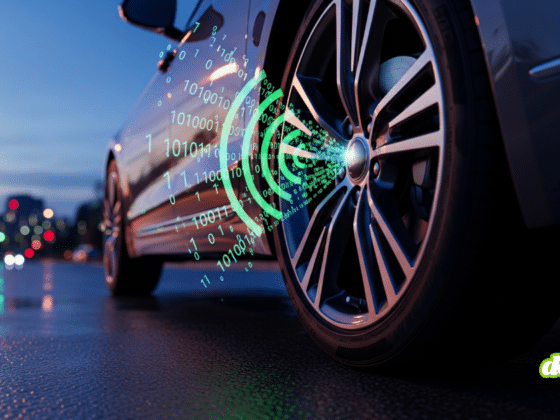 hotographie d'une roue de voiture moderne dont la valve de pneu émet des ondes radio et des données numériques lumineuses, symbolisant la transmission sans fil d'un capteur de pression des pneus TPMS en milieu urbain.