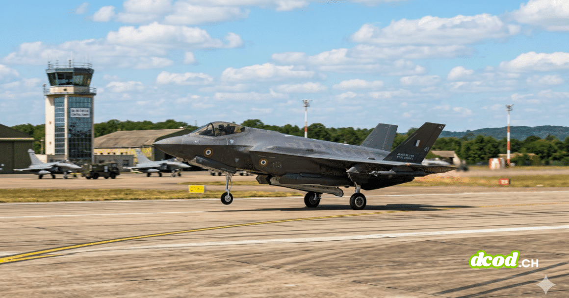 Photographie d'un chasseur furtif F-35 au décollage sur la piste d'une base aérienne avec une tour de contrôle en arrière-plan sous un ciel nuageux.