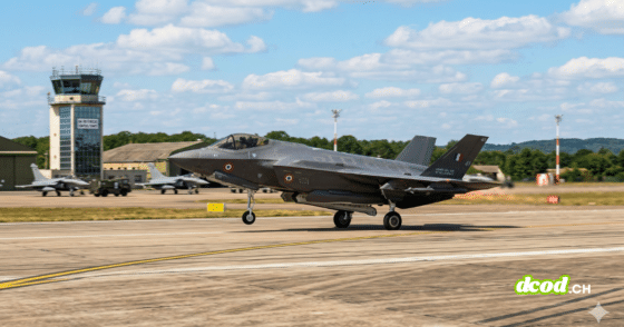 Photographie d'un chasseur furtif F-35 au décollage sur la piste d'une base aérienne avec une tour de contrôle en arrière-plan sous un ciel nuageux.