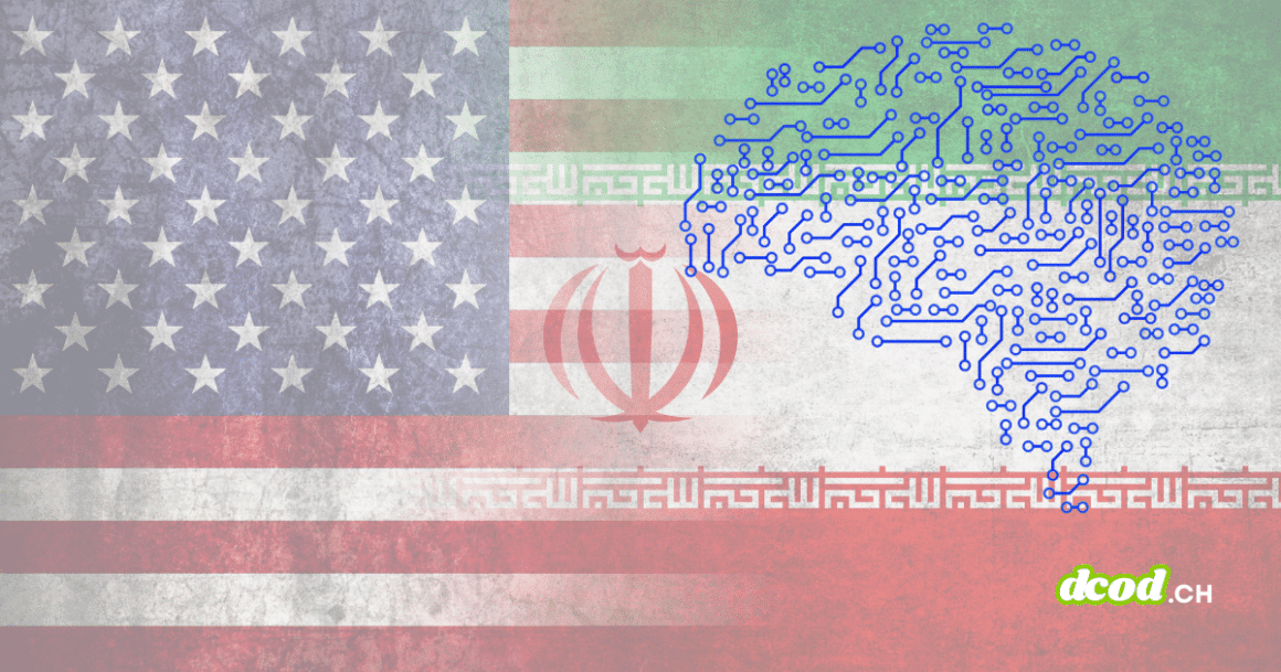 Illustration conceptuelle montrant les drapeaux des États-Unis et de l'Iran en arrière-plan fondu, avec un cerveau humain stylisé composé de circuits imprimés bleus, symbolisant l'utilisation de l'intelligence artificielle dans les conflits géopolitiques et cybernétiques.