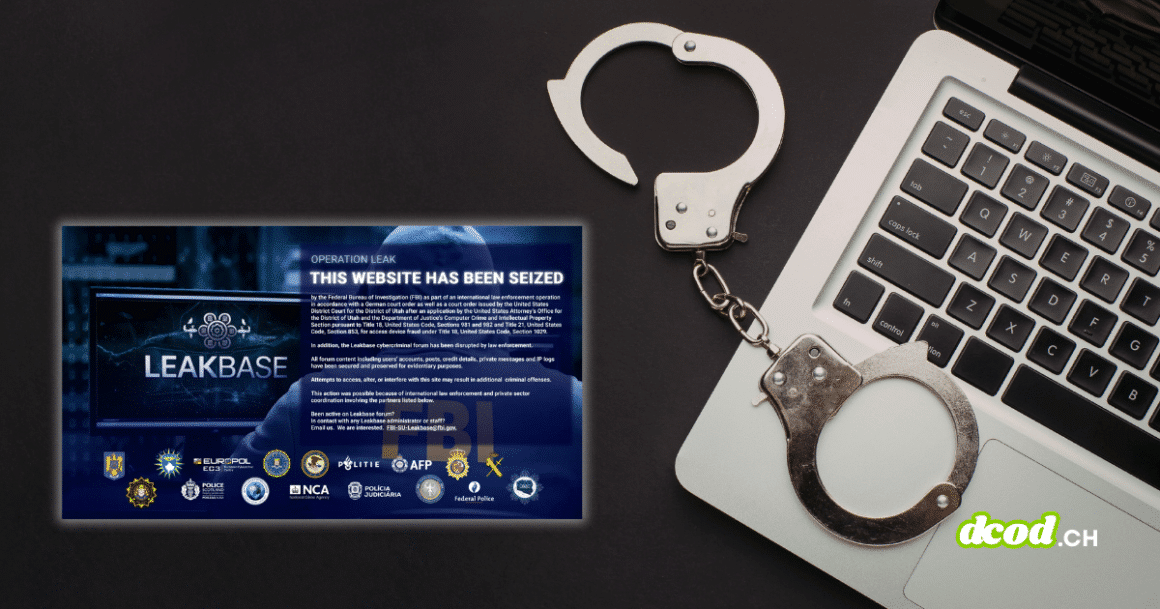 Illustration du démantèlement du forum cybercriminel LeakBase par Europol et le FBI avec avis de saisie internationale.