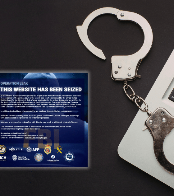 Illustration du démantèlement du forum cybercriminel LeakBase par Europol et le FBI avec avis de saisie internationale.