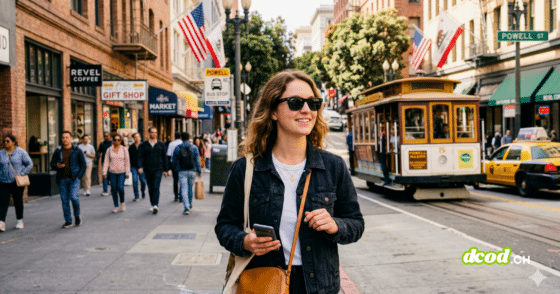 Plan moyen d'une jeune femme marchant dans une rue animée de San Francisco, portant des lunettes de soleil noires de style Ray-Ban et tenant son smartphone. Derrière elle, on aperçoit un cable car et une foule de piétons. Cette image illustre la scène de l'article sur l'application Nearby Glasses, qui alerte sur la présence de lunettes intelligentes Meta Ray-Ban.