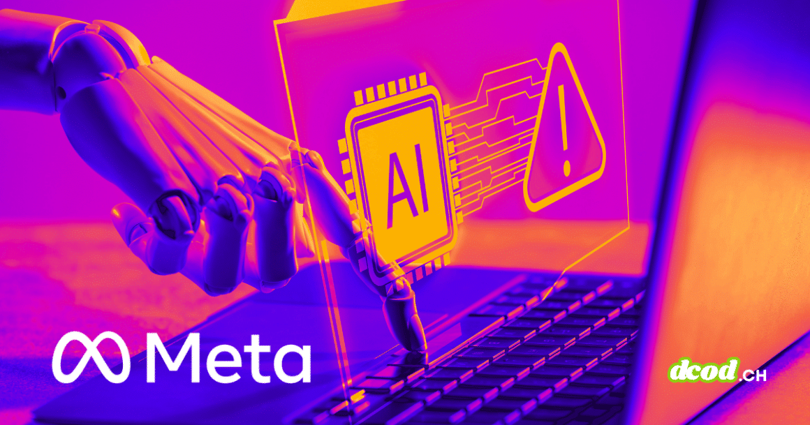 Illustration conceptuelle montrant une main robotique interagissant avec un clavier d'ordinateur portable sous un éclairage violet et orange. Un hologramme affiche une puce électronique marquée "AI" à côté d'un triangle d'avertissement jaune, symbolisant un incident de sécurité. Le logo Meta est visible en bas à gauche et le logo dcod.ch en bas à droite.