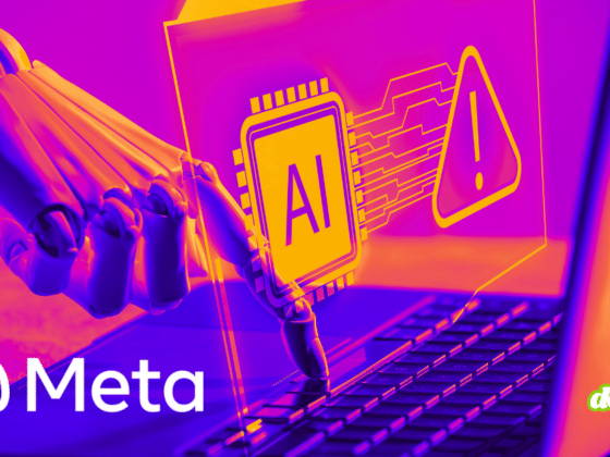 Illustration conceptuelle montrant une main robotique interagissant avec un clavier d'ordinateur portable sous un éclairage violet et orange. Un hologramme affiche une puce électronique marquée "AI" à côté d'un triangle d'avertissement jaune, symbolisant un incident de sécurité. Le logo Meta est visible en bas à gauche et le logo dcod.ch en bas à droite.