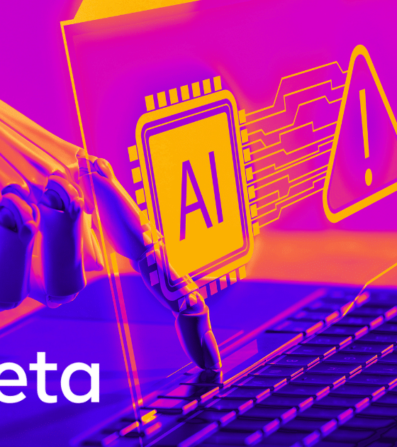 Illustration conceptuelle montrant une main robotique interagissant avec un clavier d'ordinateur portable sous un éclairage violet et orange. Un hologramme affiche une puce électronique marquée "AI" à côté d'un triangle d'avertissement jaune, symbolisant un incident de sécurité. Le logo Meta est visible en bas à gauche et le logo dcod.ch en bas à droite.