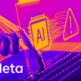 Illustration conceptuelle montrant une main robotique interagissant avec un clavier d'ordinateur portable sous un éclairage violet et orange. Un hologramme affiche une puce électronique marquée "AI" à côté d'un triangle d'avertissement jaune, symbolisant un incident de sécurité. Le logo Meta est visible en bas à gauche et le logo dcod.ch en bas à droite.