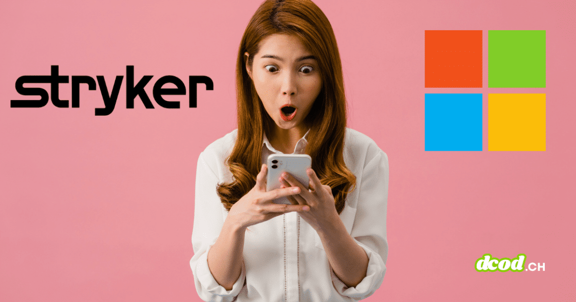 Illustration montrant une femme surprise consultant son smartphone, encadrée par les logos de l'entreprise Stryker et de Microsoft sur un fond rose, pour l'article DCOD sur le détournement de Microsoft Intune.
