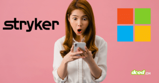 Illustration montrant une femme surprise consultant son smartphone, encadrée par les logos de l'entreprise Stryker et de Microsoft sur un fond rose, pour l'article DCOD sur le détournement de Microsoft Intune.