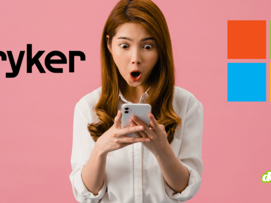 Illustration montrant une femme surprise consultant son smartphone, encadrée par les logos de l'entreprise Stryker et de Microsoft sur un fond rose, pour l'article DCOD sur le détournement de Microsoft Intune.