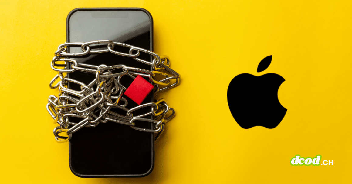 Illustration du Mode Lockdown (verrouillage) de l'iPhone représenté par un téléphone enchaîné pour la protection des données.