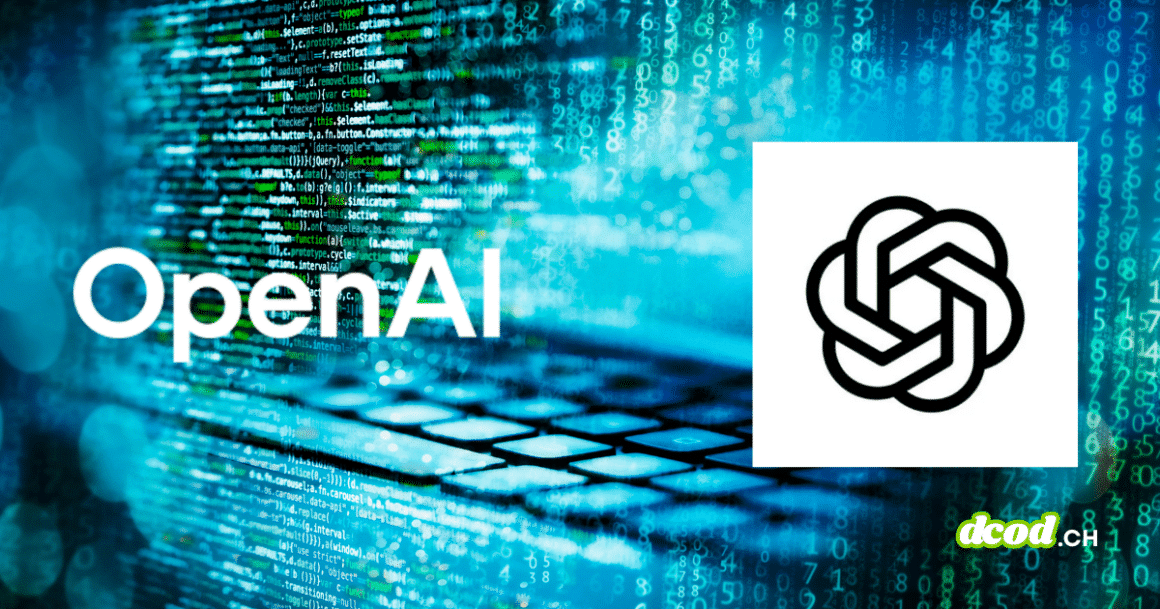 Logo d'OpenAI sur un fond d'écran technologique composé de lignes de code informatique et de chiffres binaires bleus, illustrant le lancement de Trusted Access for Cyber.