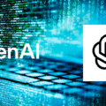 Logo d'OpenAI sur un fond d'écran technologique composé de lignes de code informatique et de chiffres binaires bleus, illustrant le lancement de Trusted Access for Cyber.