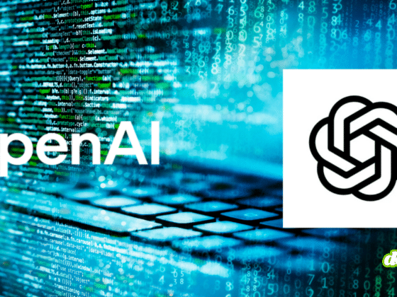 Logo d'OpenAI sur un fond d'écran technologique composé de lignes de code informatique et de chiffres binaires bleus, illustrant le lancement de Trusted Access for Cyber.