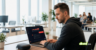 Un homme en sweat à capuche travaille sur son ordinateur portable dans un grand bureau paysager lumineux. L'écran de son ordinateur affiche le tableau de bord OpenClaw Dashboard. Le bureau est décoré de plantes et dispose de grandes fenêtres.