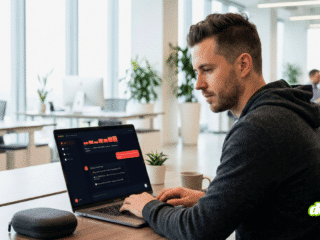 Un homme en sweat à capuche travaille sur son ordinateur portable dans un grand bureau paysager lumineux. L'écran de son ordinateur affiche le tableau de bord OpenClaw Dashboard. Le bureau est décoré de plantes et dispose de grandes fenêtres.