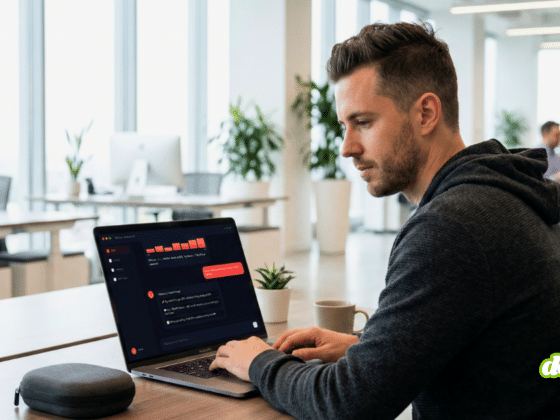 Un homme en sweat à capuche travaille sur son ordinateur portable dans un grand bureau paysager lumineux. L'écran de son ordinateur affiche le tableau de bord OpenClaw Dashboard. Le bureau est décoré de plantes et dispose de grandes fenêtres.